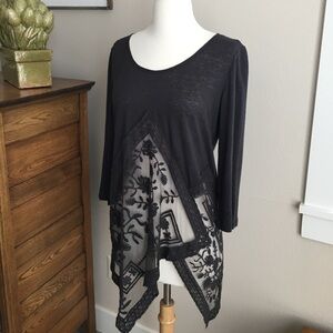 Women’s linen 3/4 sleeve Lace asymmetrical brown lightweight tunic top med NWT